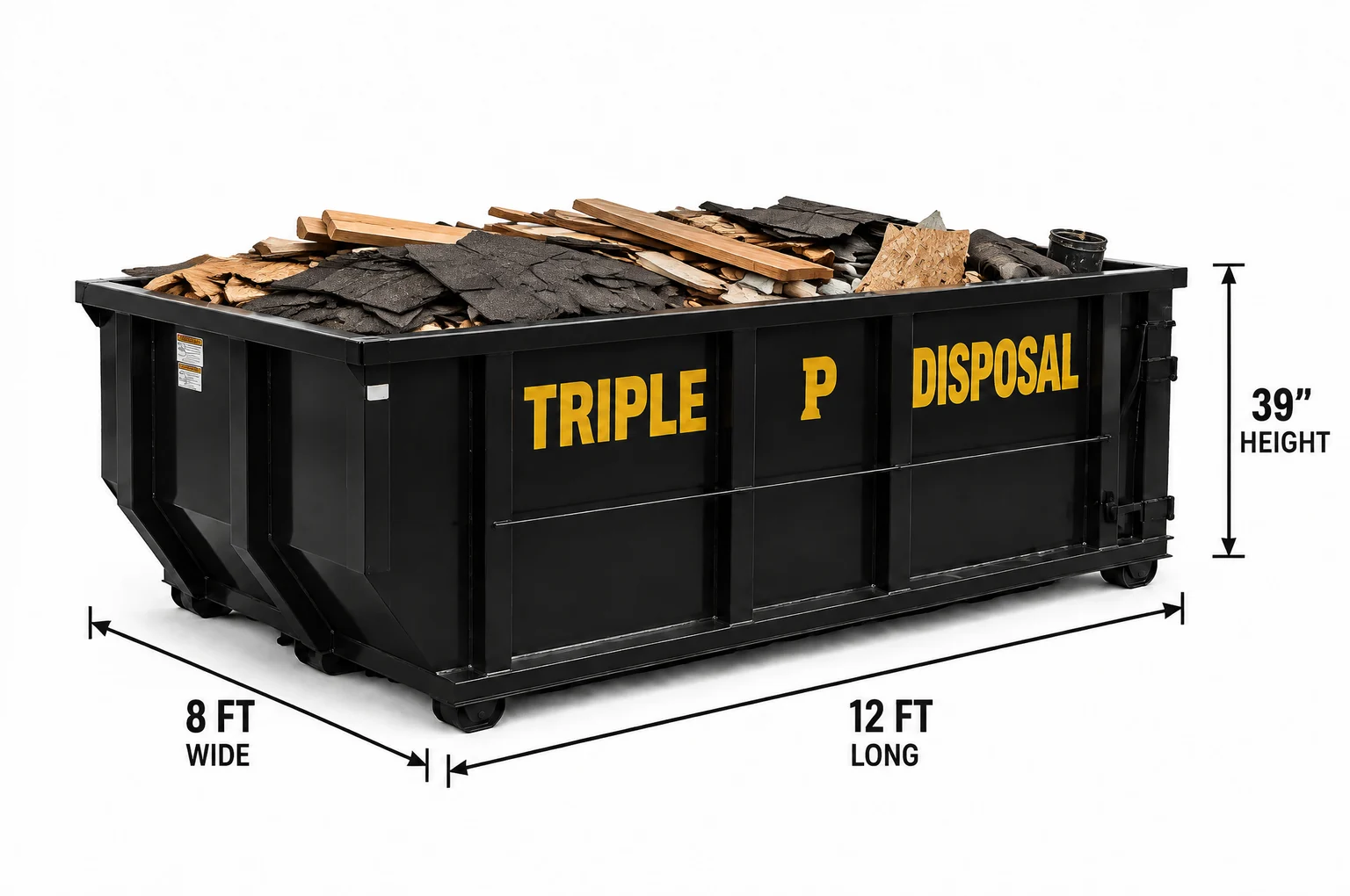 10-yard roll-off dumpster filled with roofing and construction debris
