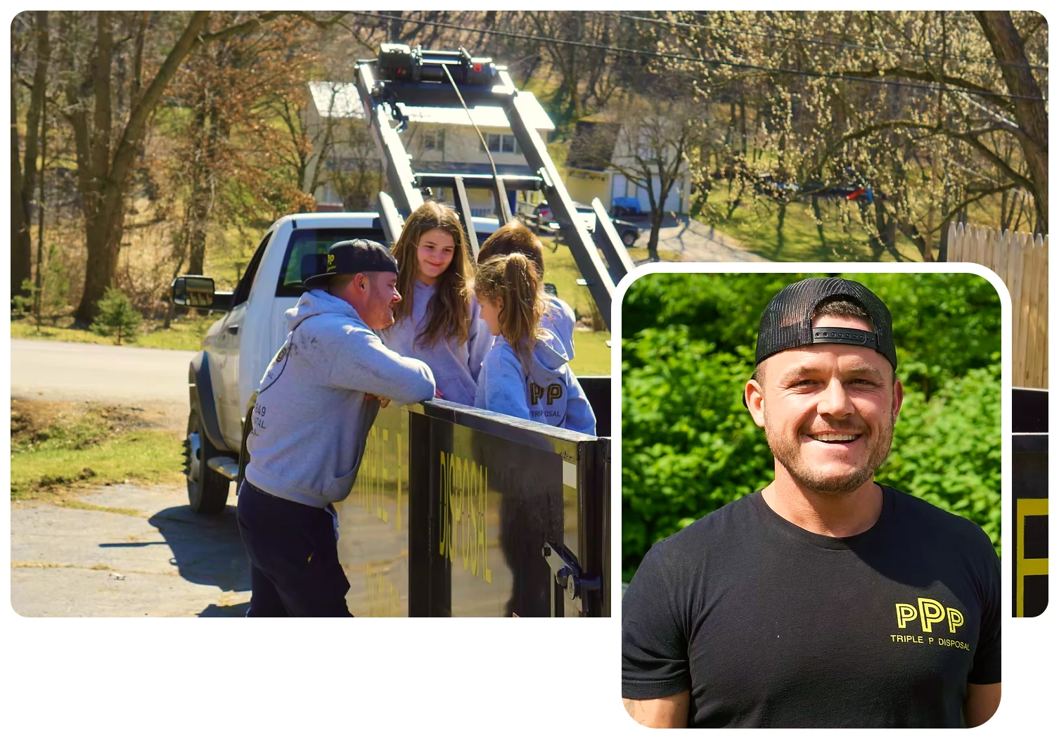 Joe Cene with his kids beside a Triple P Disposal truck and dumpster, with a portrait of Joe